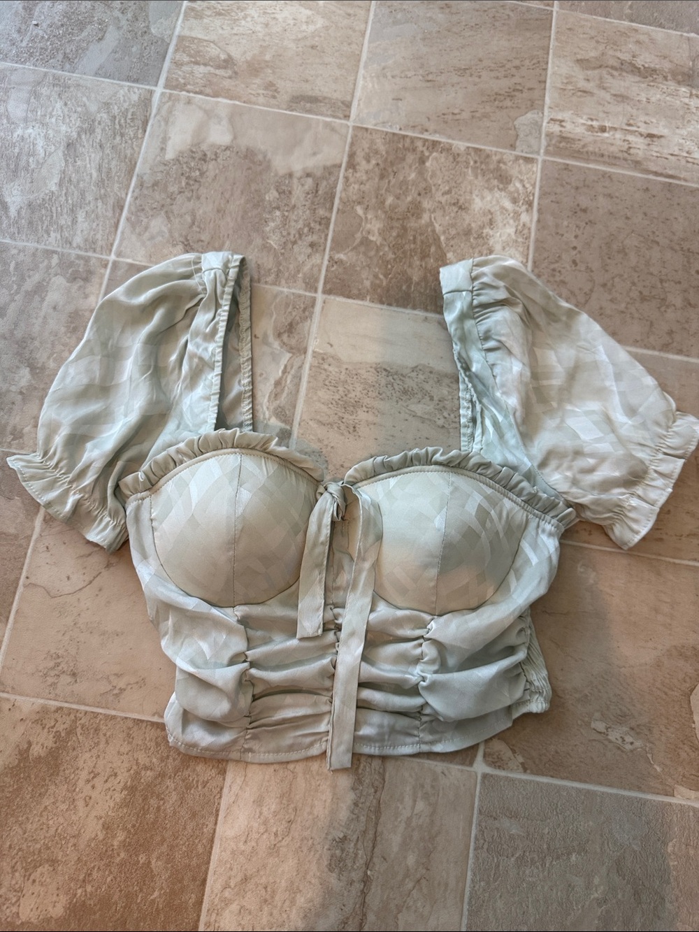 Haute Monde Light Sage Green Puff Sleeve Crop Top